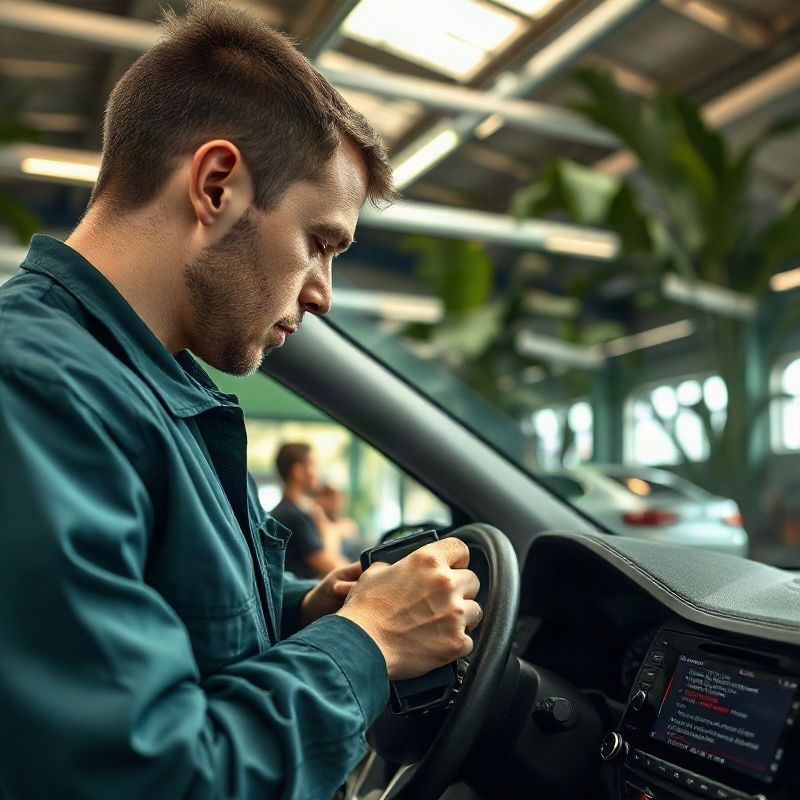 Técnico conectando scanner OBD-II ao painel de um veículo